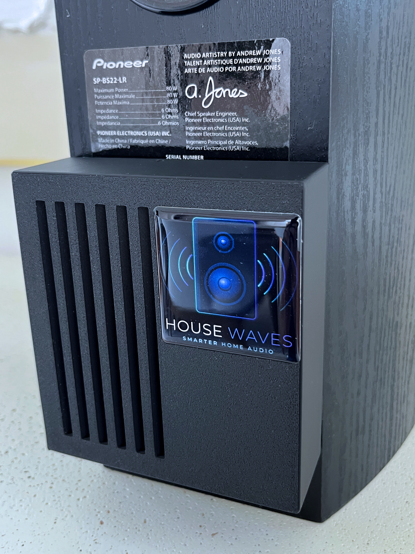HouseWaves-Legacy installed on the back of a Pioneer passive bookshelf speaker
