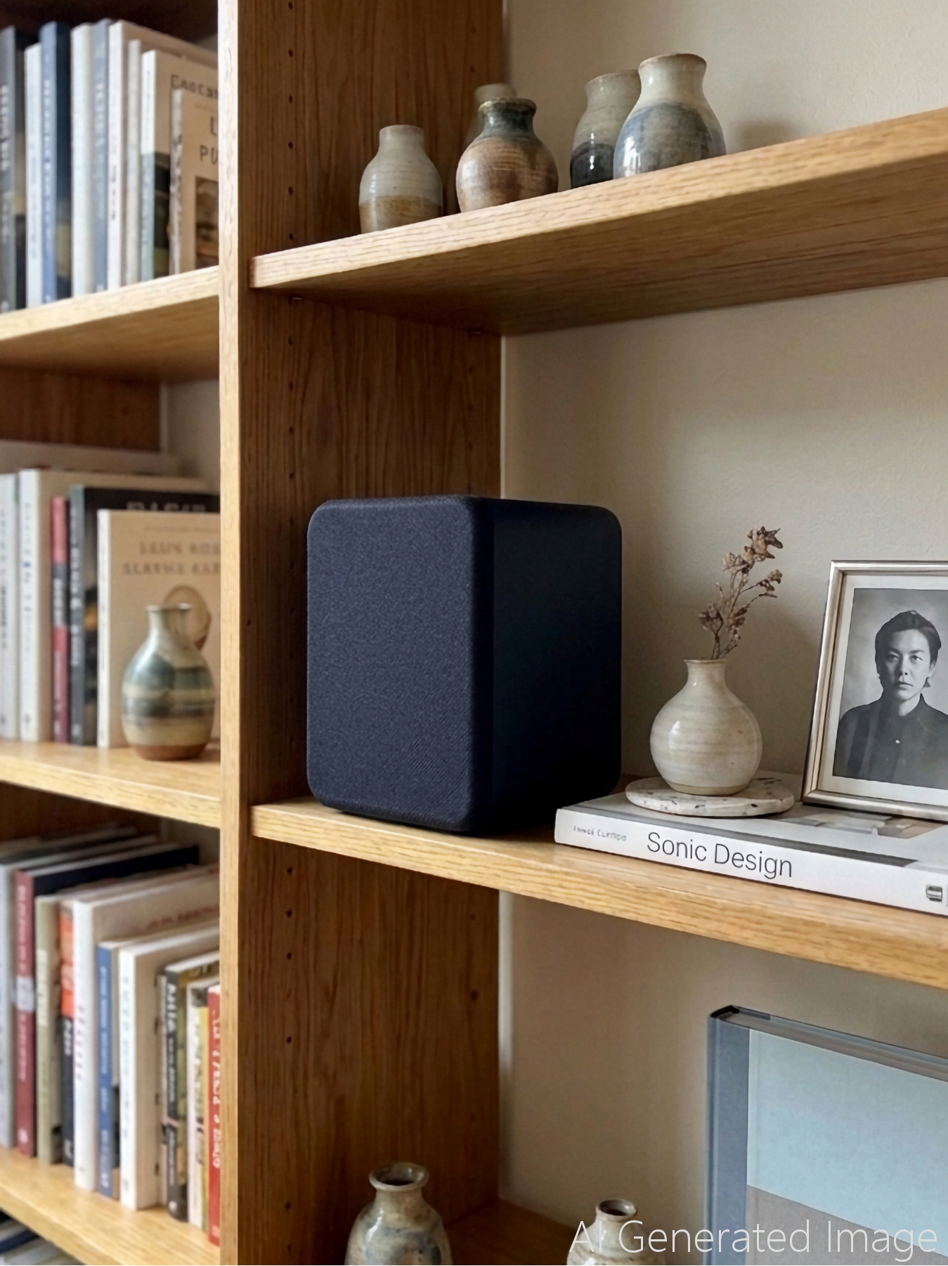 HouseWaves Two lifestyle — dual driver bookshelf speaker in home setting, Home Assistant whole-home audio