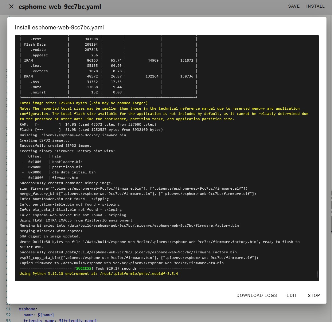 19.2_sendspin_esphome_builder_log_screen_compiling_success_housewaves_and_loud_esp32