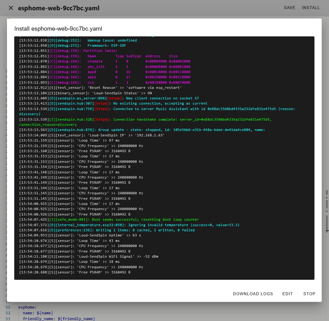 19.3_sendspin_esphome_builder_log_screen_sendspin_speaker_ready_housewaves_and_loud_esp32