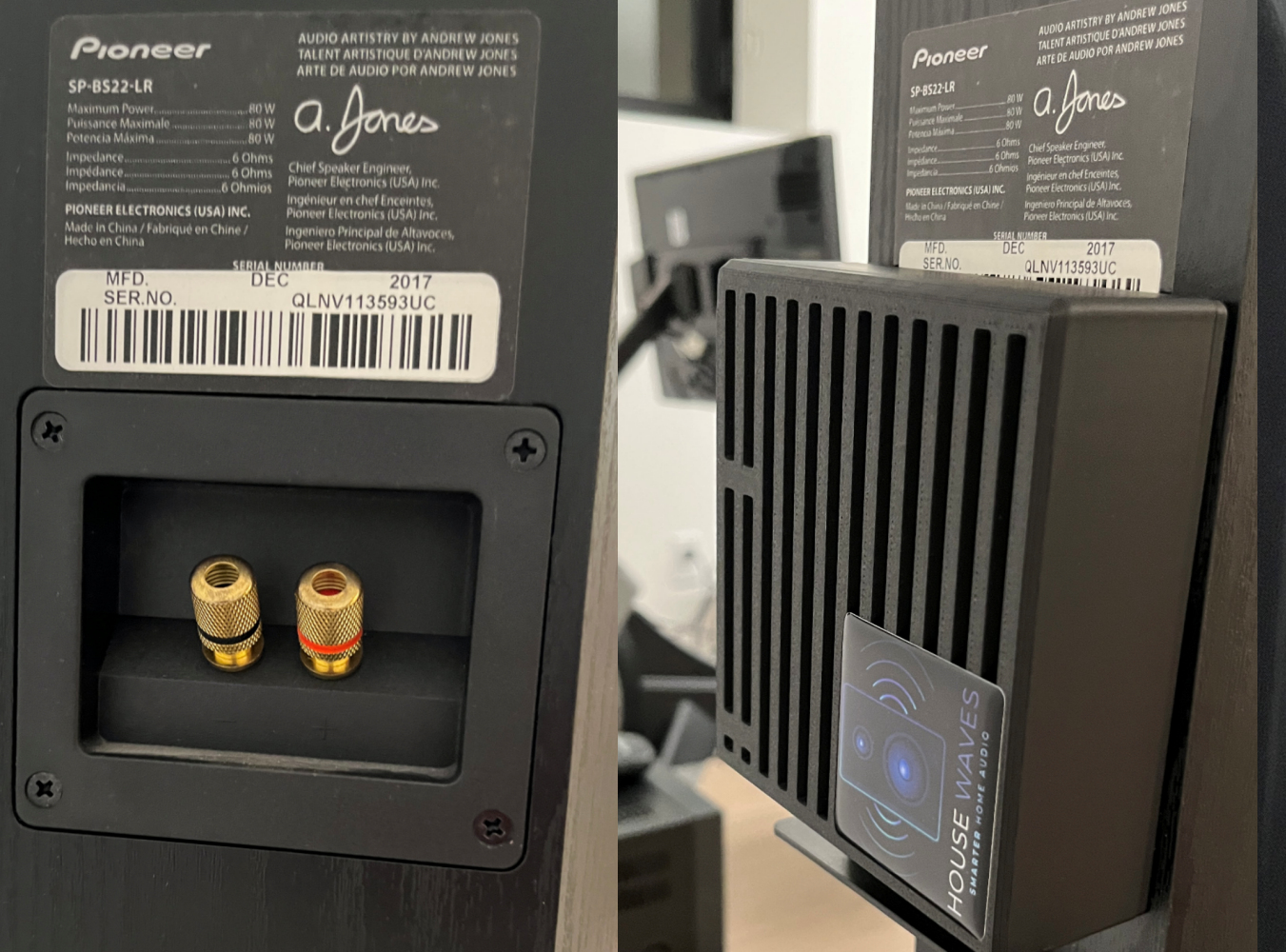 HouseWaves-Legacy proof-of-concept: passive speaker before and after conversion for Home Assistant