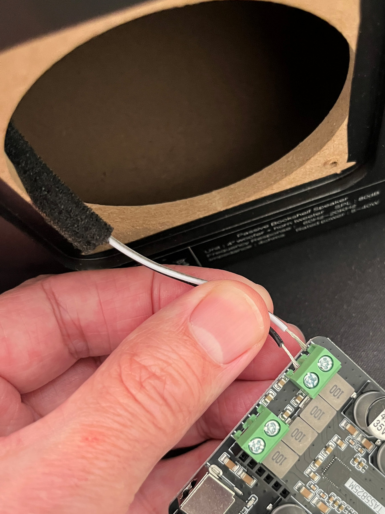 Connecting the speaker driver wires to the RIGHT channel terminals of the LOUDER PLUS ESP32 board