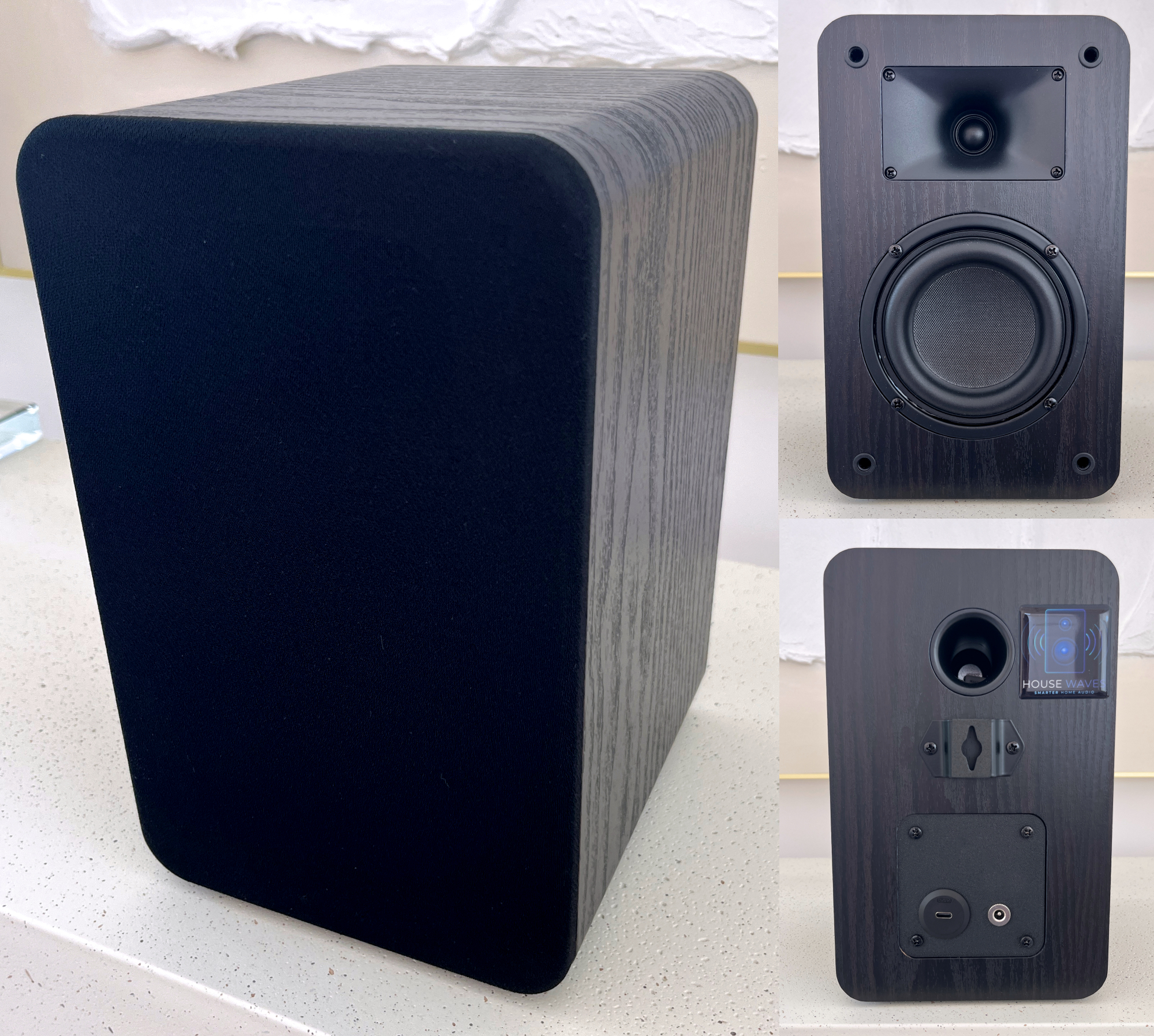 Completed HouseWaves-Three passive speaker modified for streaming with ESPHome, SendSpin and Home Assistant — composite photo