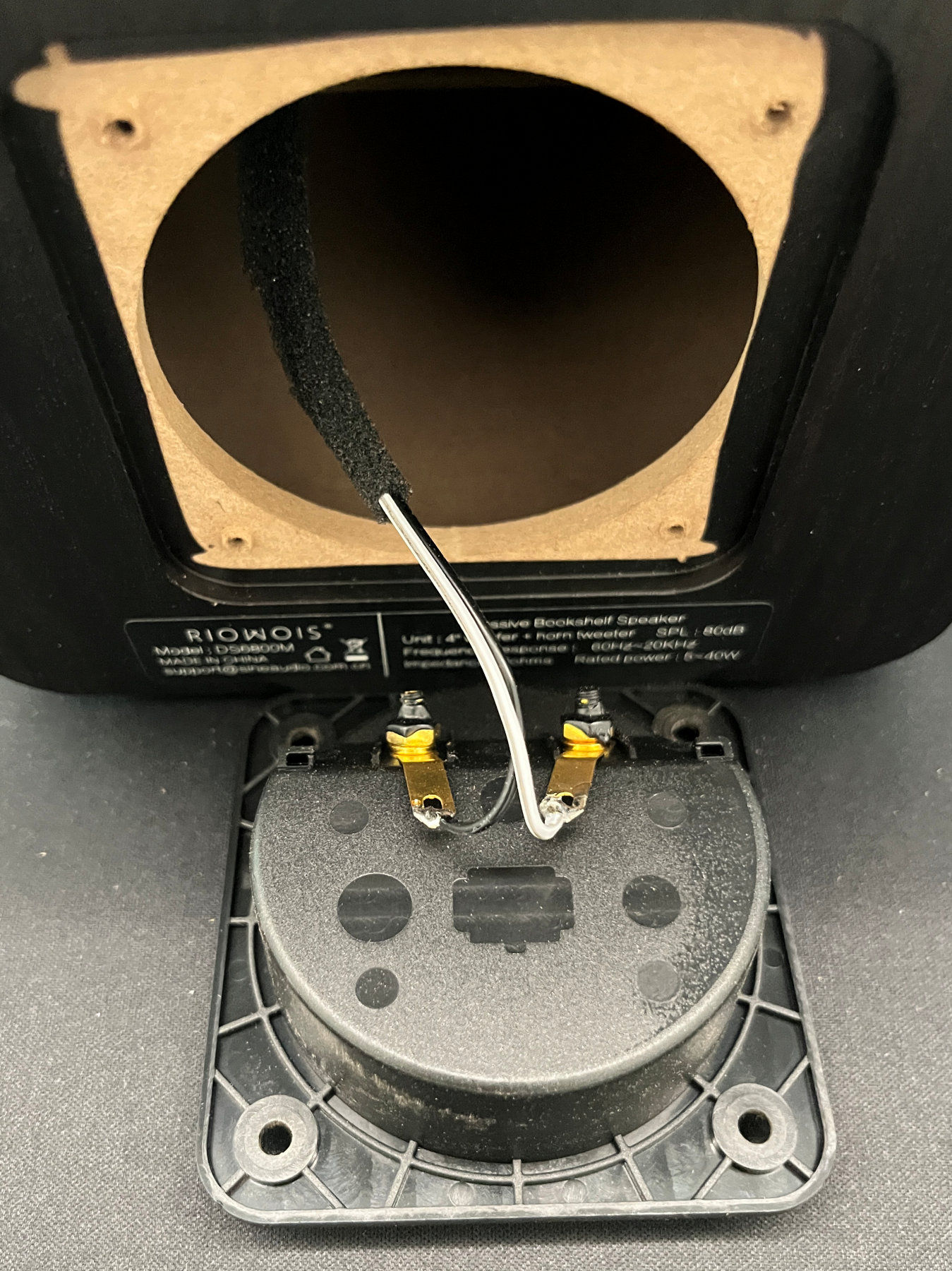 Terminal plate removed showing the tweeter and woofer driver wires still connected inside the cabinet